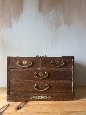 Vintage Japanese Wood Jewelry Chest | 3 Drawers Brass Pulls | MCM